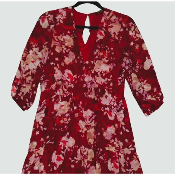 Melonie Maxi Dress Womens 10 Tall Red Floral Lined Tiered Peasant Boho - Picture 3 of 14